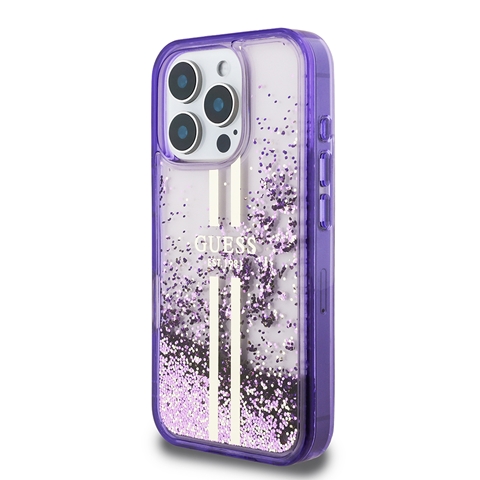 iPhone 16 Pro Max Guess Orjinal Lisanslı Transparan Sıvılı Simli Altın Çizgili Kapak