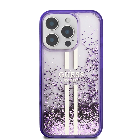 iPhone 16 Pro Max Guess Orjinal Lisanslı Transparan Sıvılı Simli Altın Çizgili Kapak