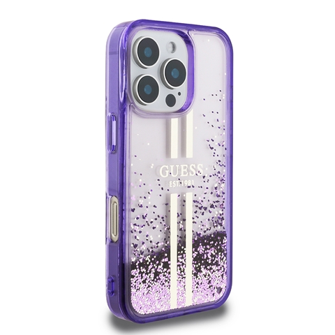 iPhone 16 Pro Max Guess Orjinal Lisanslı Transparan Sıvılı Simli Altın Çizgili Kapak