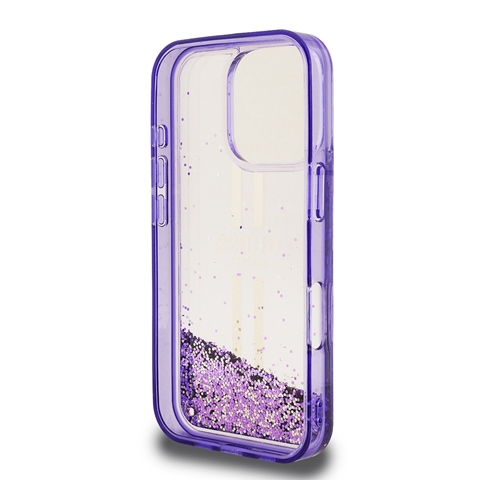 iPhone 16 Pro Max Guess Orjinal Lisanslı Transparan Sıvılı Simli Altın Çizgili Kapak