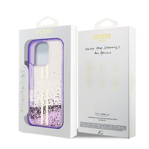 iPhone 16 Pro Max Guess Orjinal Lisanslı Transparan Sıvılı Simli Altın Çizgili Kapak