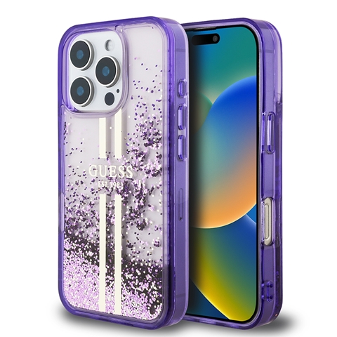 iPhone 16 Pro Max Guess Orjinal Lisanslı Transparan Sıvılı Simli Altın Çizgili Kapak