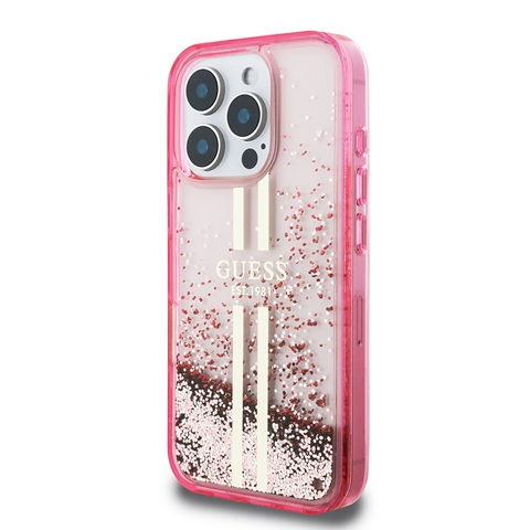 iPhone 16 Pro Max Guess Orjinal Lisanslı Transparan Sıvılı Simli Altın Çizgili Kapak