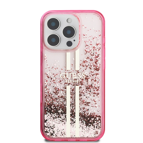 iPhone 16 Pro Max Guess Orjinal Lisanslı Transparan Sıvılı Simli Altın Çizgili Kapak