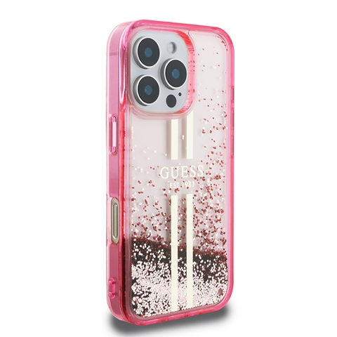 iPhone 16 Pro Max Guess Orjinal Lisanslı Transparan Sıvılı Simli Altın Çizgili Kapak