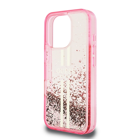 iPhone 16 Pro Max Guess Orjinal Lisanslı Transparan Sıvılı Simli Altın Çizgili Kapak