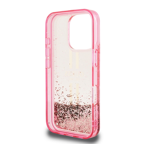 iPhone 16 Pro Max Guess Orjinal Lisanslı Transparan Sıvılı Simli Altın Çizgili Kapak