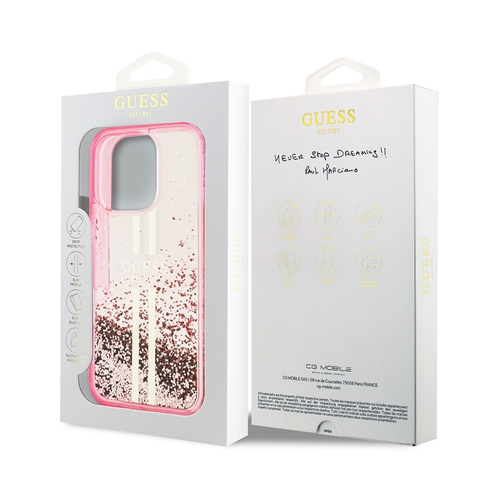 iPhone 16 Pro Max Guess Orjinal Lisanslı Transparan Sıvılı Simli Altın Çizgili Kapak