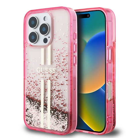 iPhone 16 Pro Max Guess Orjinal Lisanslı Transparan Sıvılı Simli Altın Çizgili Kapak