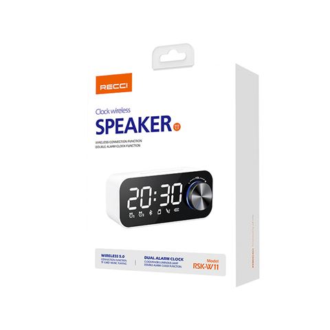 Recci RSK-W11 FM-TF Çift Alarmlı Dijital Saatli Wireless Bluetooth 5.0 Speaker 3W 1200mAh